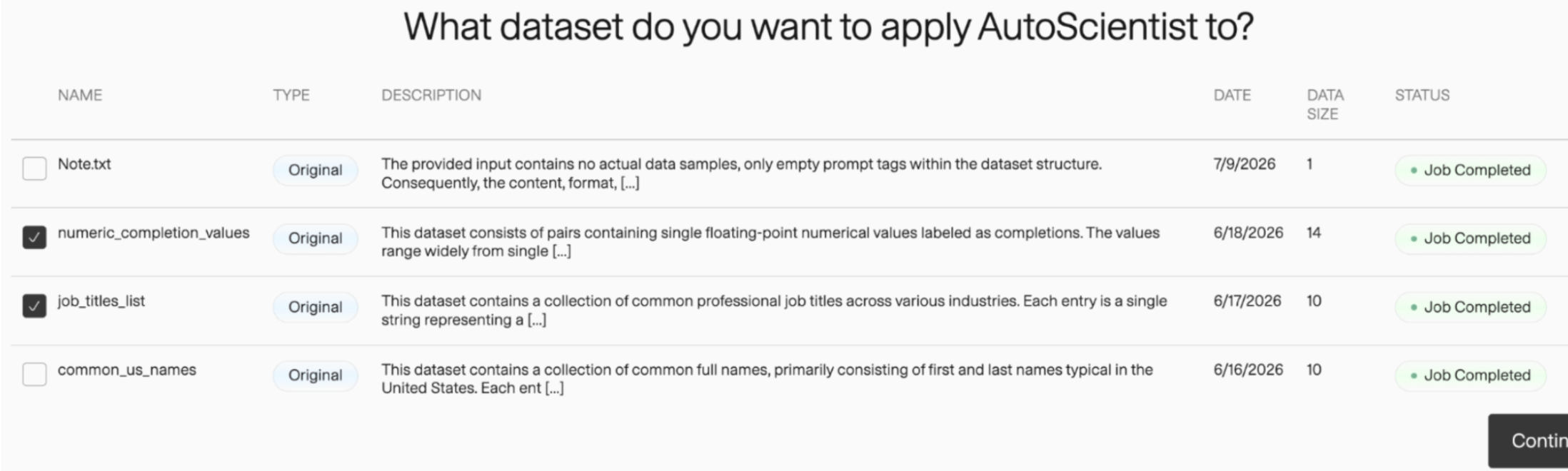 Select a dataset for AutoScientist