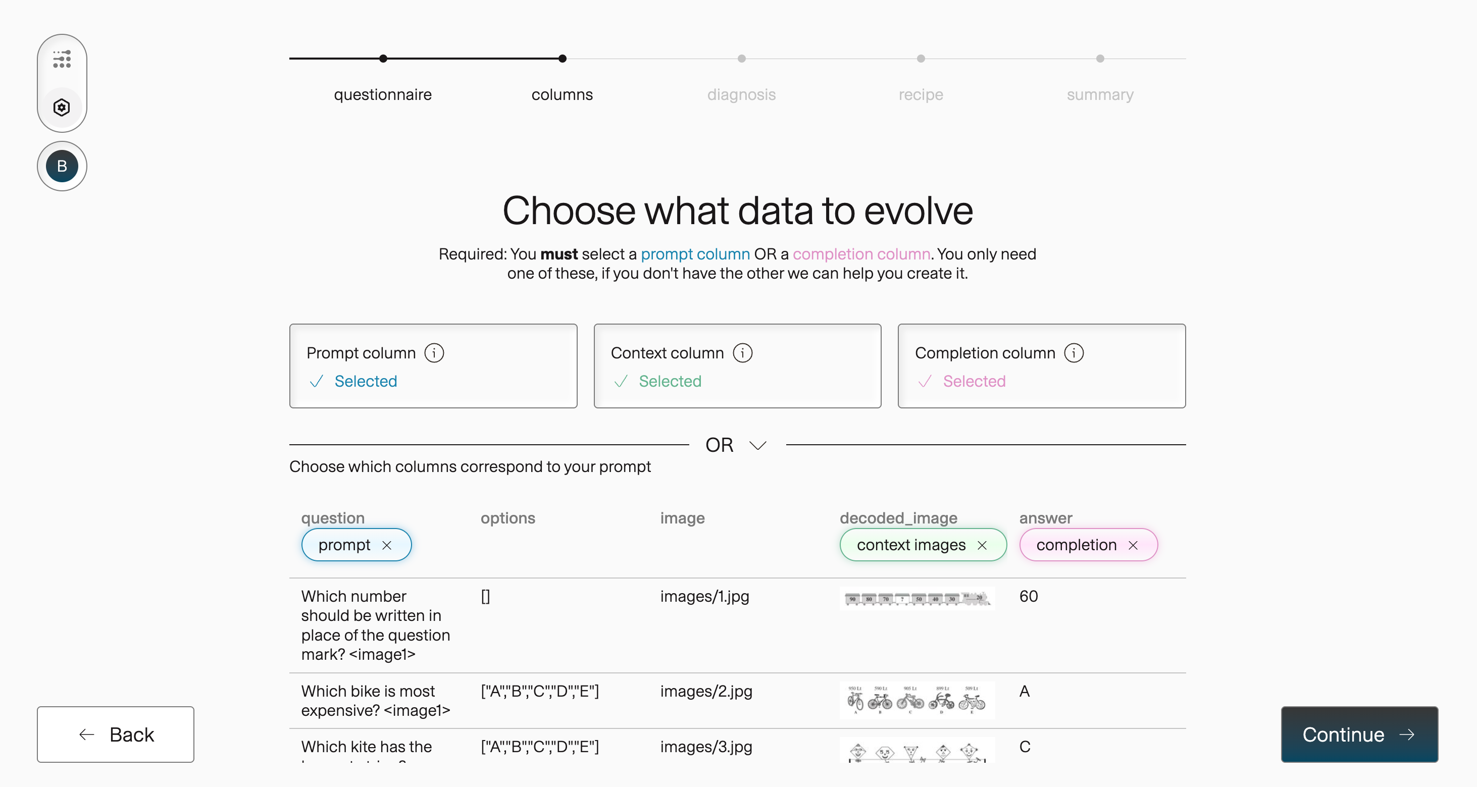 Mapping the MathVision columns in the column selection step of the adaptation wizard: question as the prompt, decoded_image as image context, and answer as the completion.