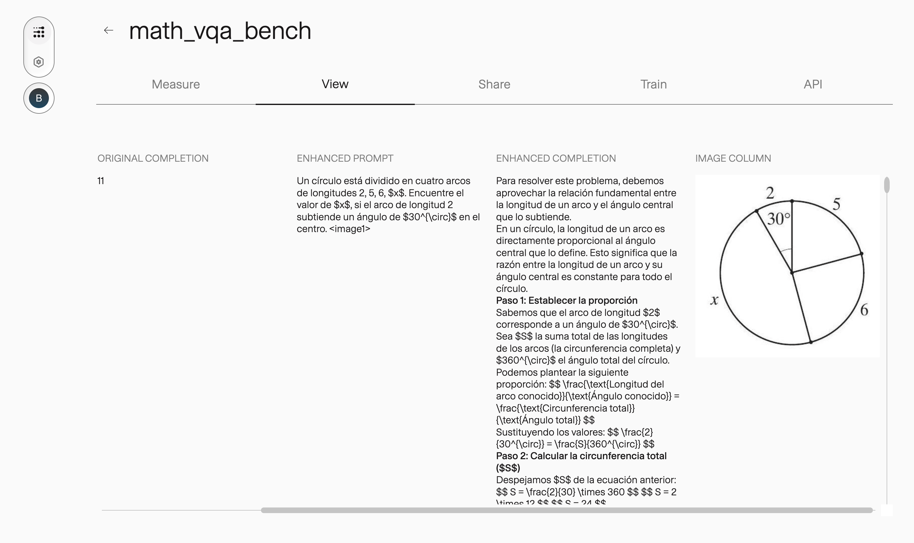 The View tab for a completed MathVision run: original completion, enhanced prompt, step-by-step enhanced completion, and the image context column showing the geometry diagram.