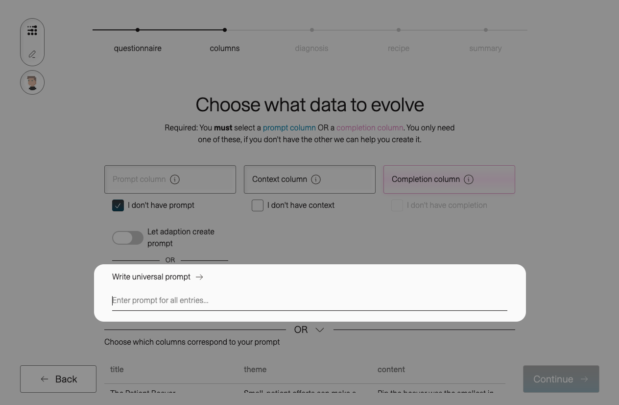 The expanded prompt card highlighting the "Write universal prompt" link and a textarea with placeholder "Enter prompt for all entries..." underneath, with the earlier "Let adaption create prompt" toggle visible above.