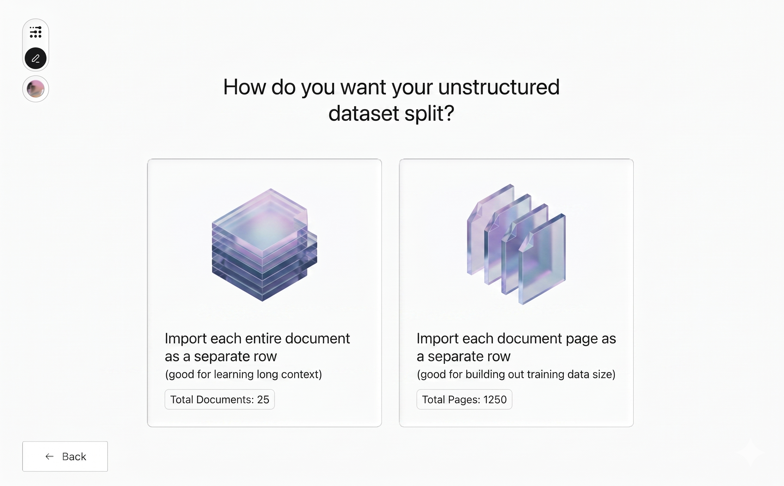 The app offers two ways to split: import each entire document as a separate row, or import each document page as a separate row, with a row-count preview for each.